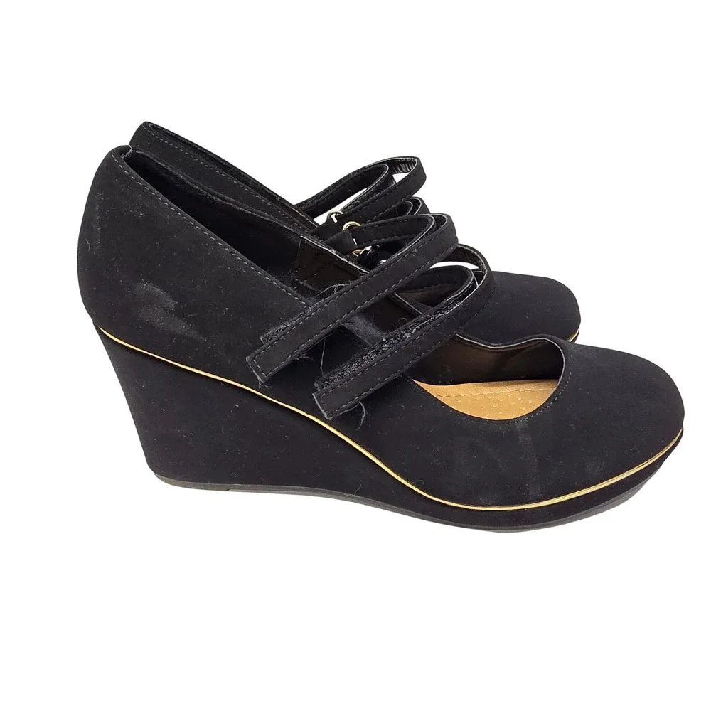 Andiamo Alydia Black Faux Suede Double Strap‎ Mary Jane Wedge Heels Womens 9.5M